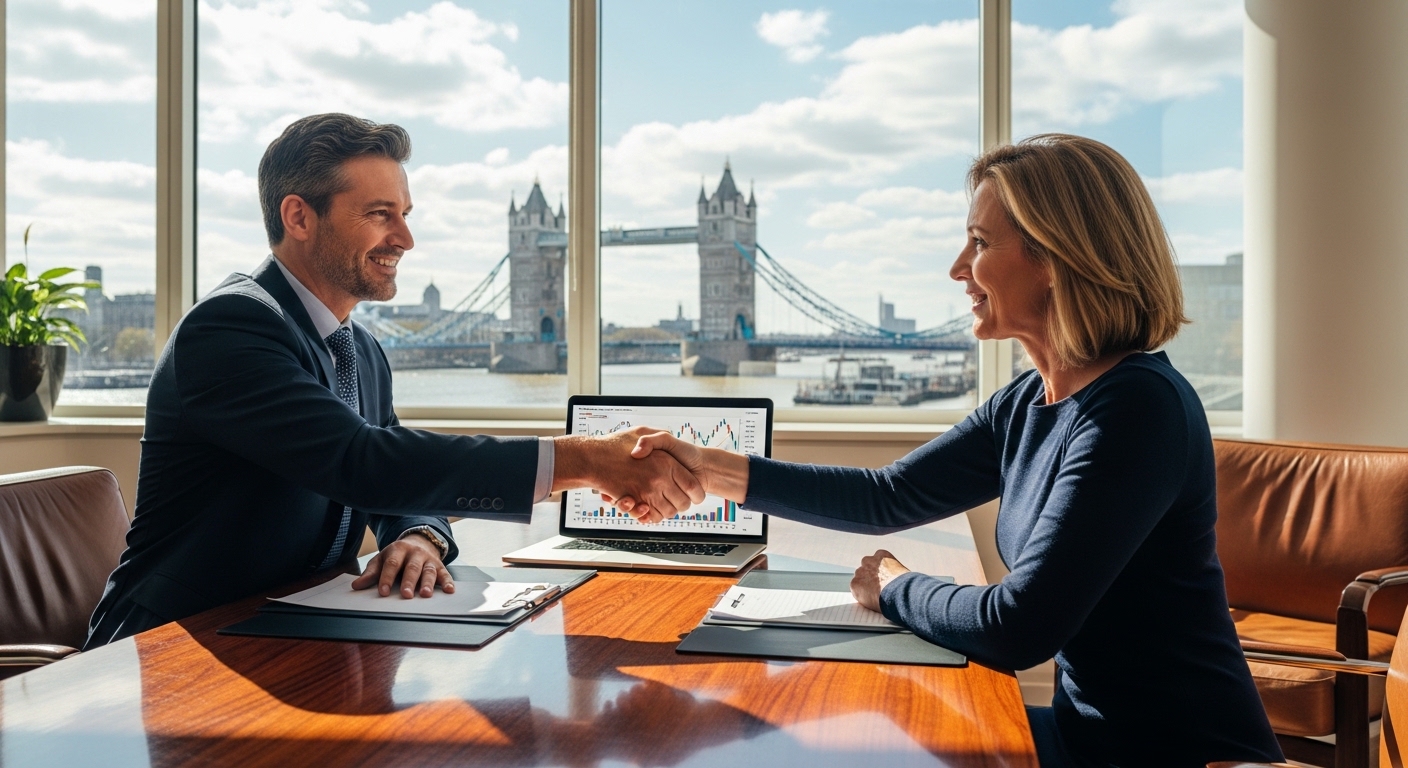 A handshake between a professional financial advisor and a client in a modern, sunlit London office, with a mahogany desk, a laptop showing growth graphs, and a view of the Tower Bridge in the background.