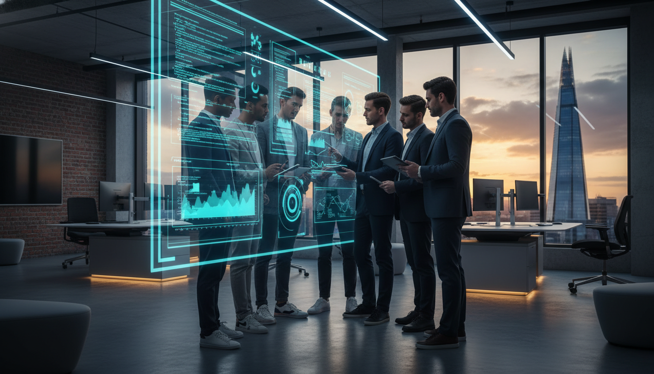 A sleek, high-tech workspace in Shoreditch, London, featuring diverse entrepreneurs huddled around a digital whiteboard with the Shard visible in the background, cinematic lighting, ultra-realistic.