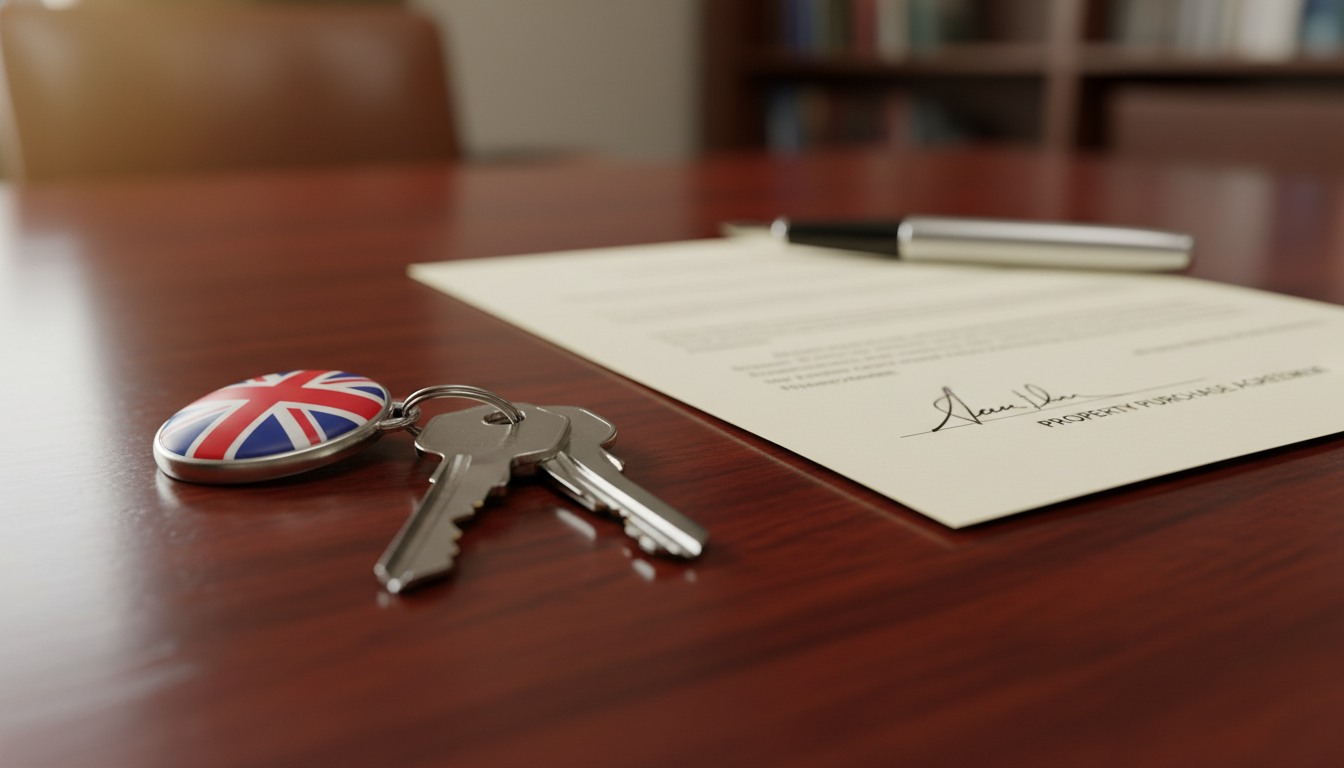A close-up of a pair of silver keys with a keychain shaped like a British Union Jack, resting on a polished wooden table next to a signed contract, symbolizing a successful property acquisition.